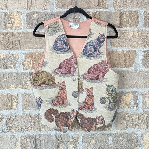 Vintage Jackets & Blazers - VTG 80s Mirrors Tapestry Cats Button Front Vest Size Large Tan